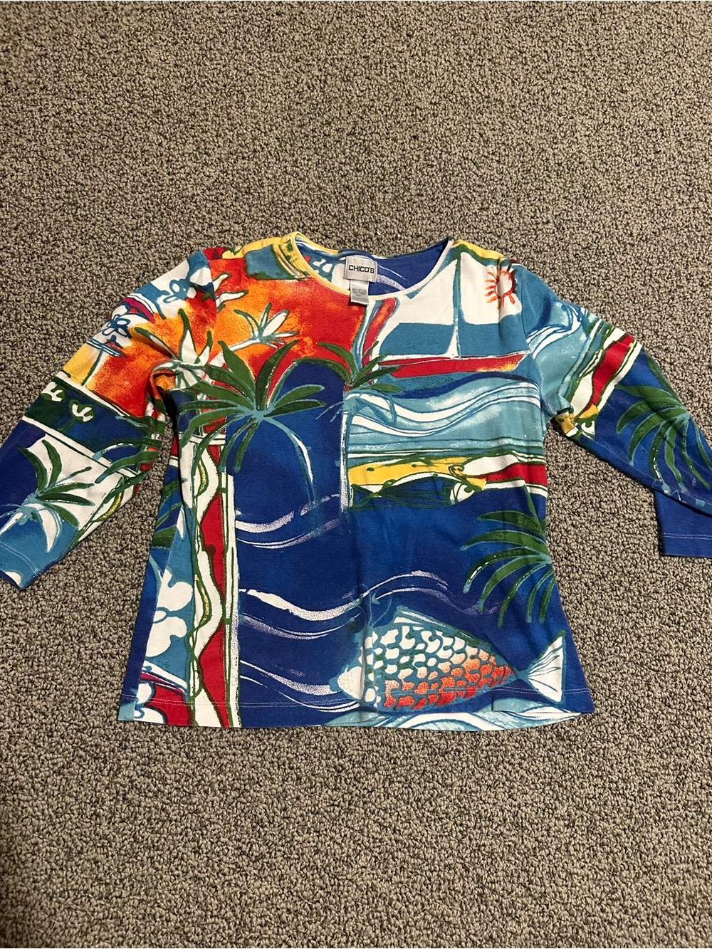 Chico's Multi-Color Tropical-Print Long Sleeve Top